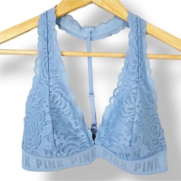 Victoria's Secret Pink Lace T-Strap Logo Bralette in Baby Blue Size Small - Picture 3 of 11